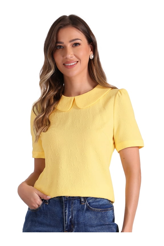 Women's Floral Puff Short Sleeve Peter Pan Collar Blouses M Yellow