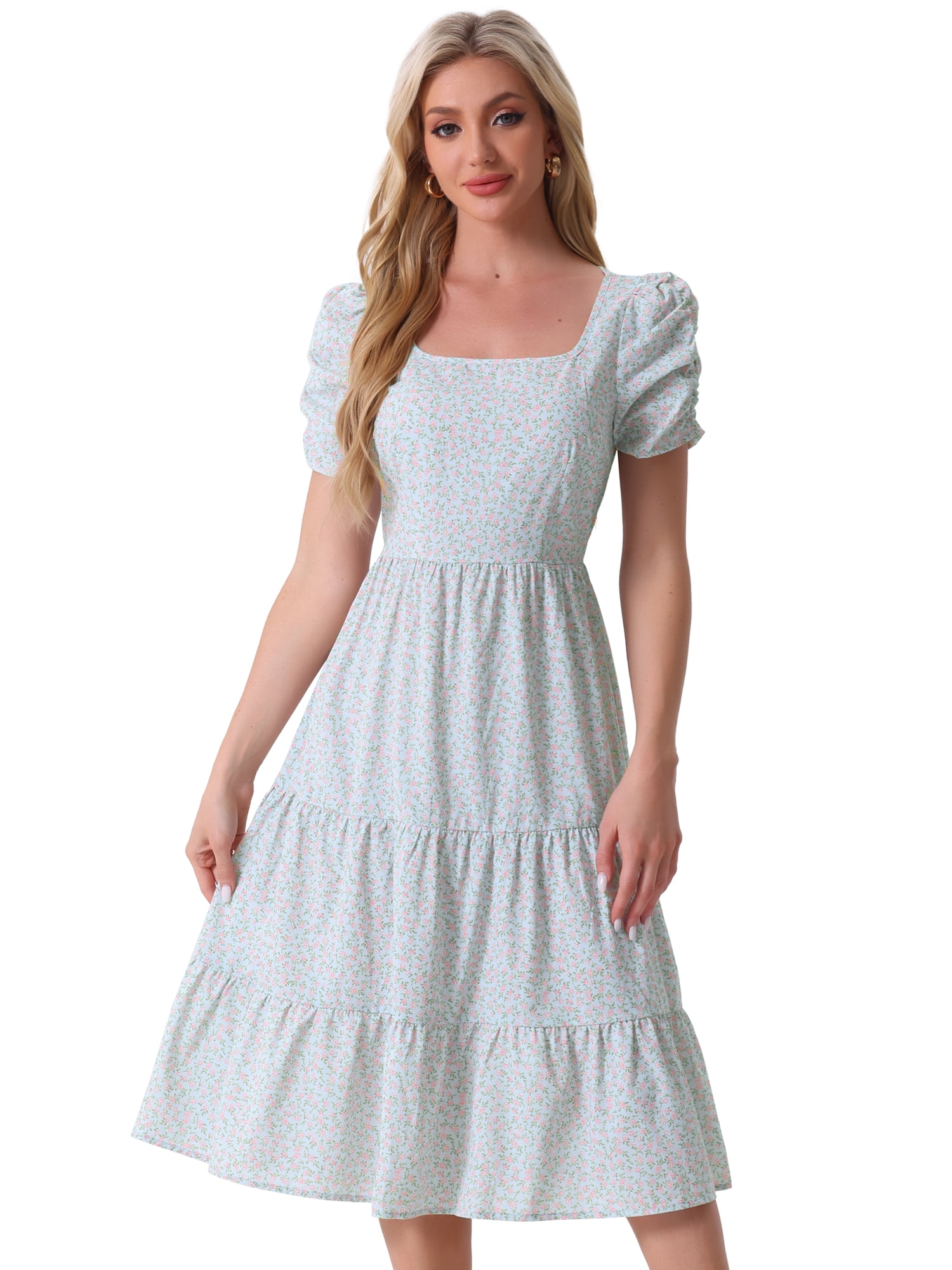 DARING DIVA Women's Floral Puff Short Sleeves Midi Dresses M Light Blue