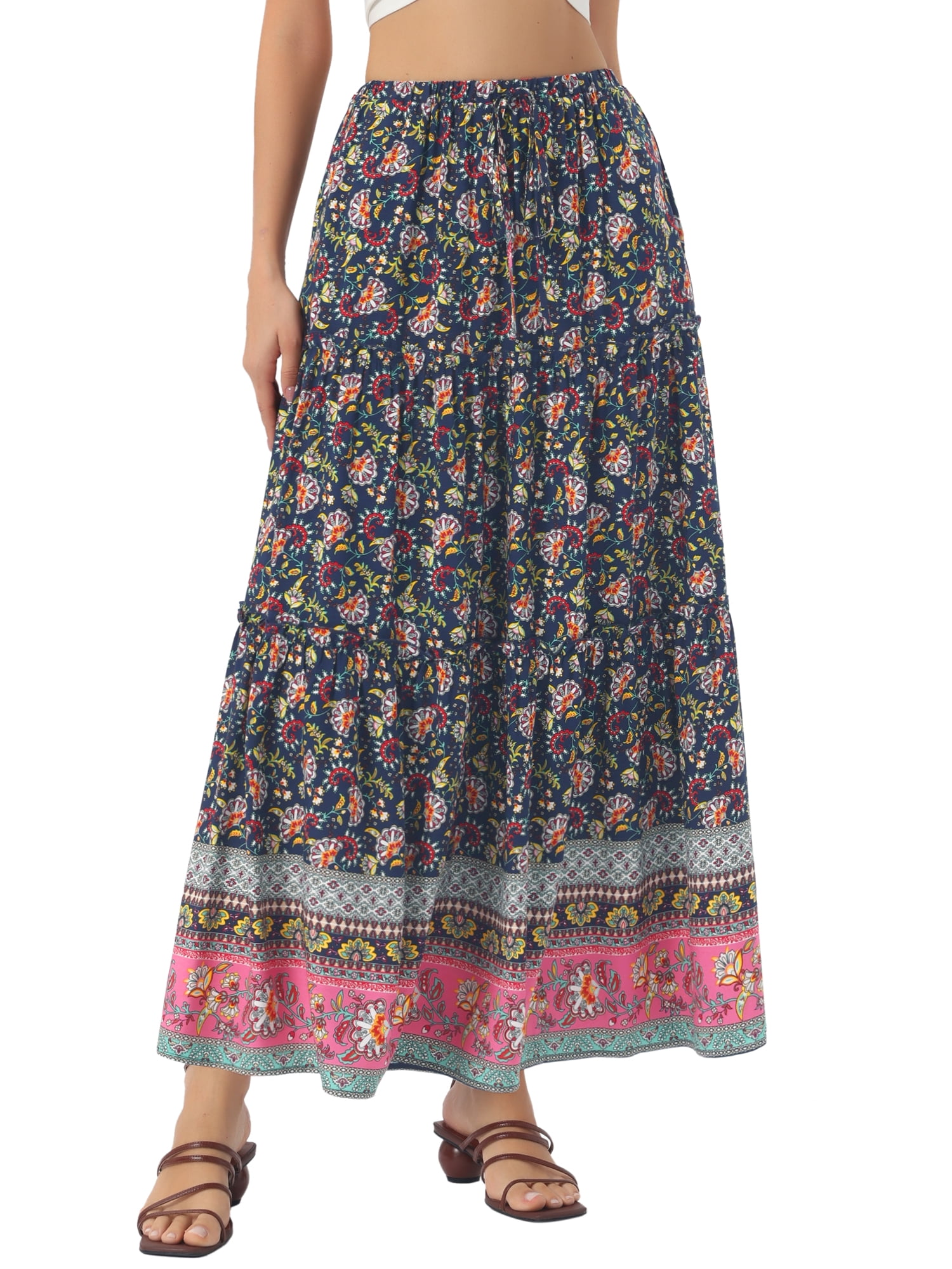 DARING DIVA Women's Floral Ruffle A Line Tiered Maxi Skirts Medium Dark Blue