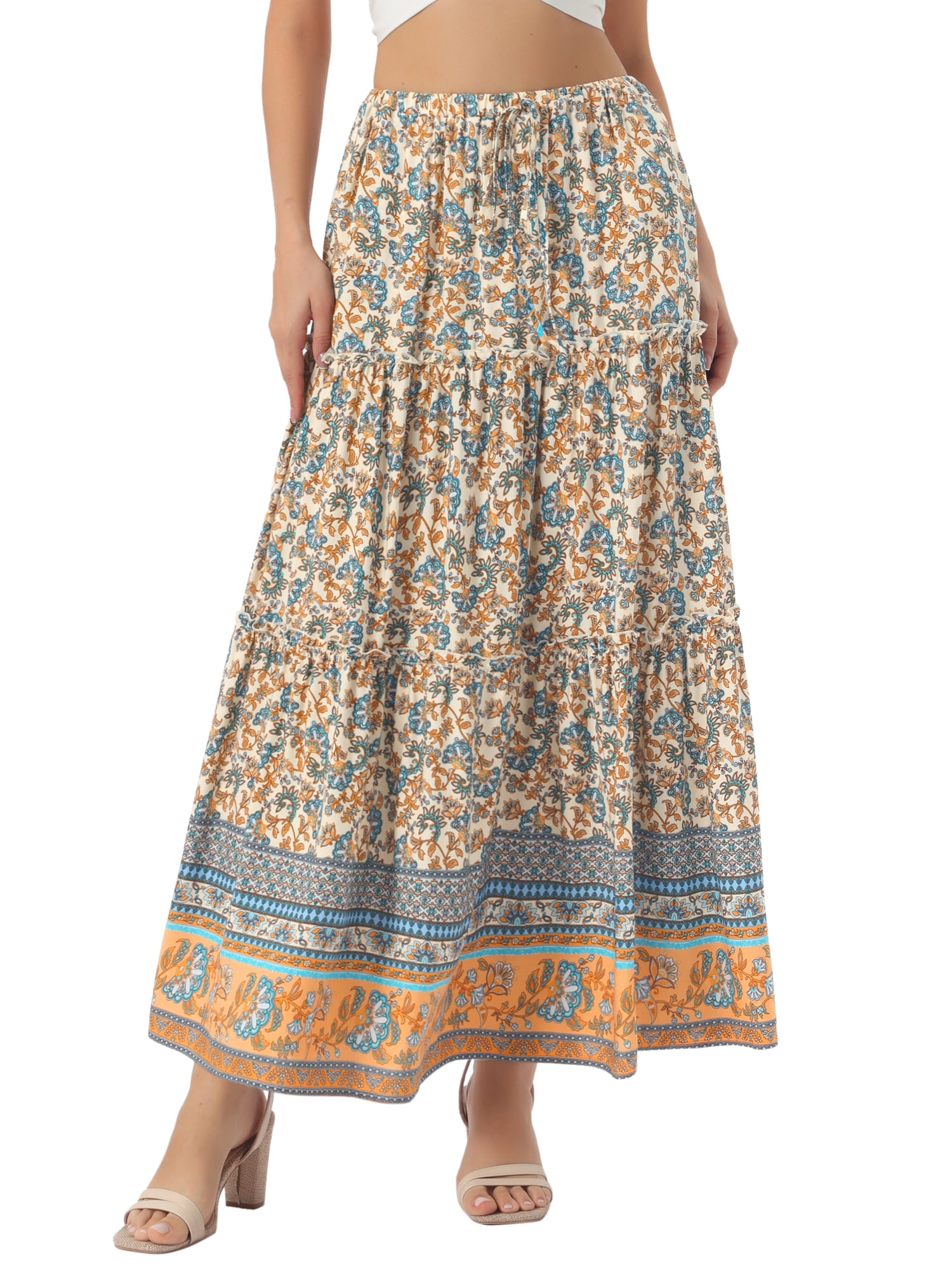 DARING DIVA Women's Floral Ruffle A Line Tiered Maxi Skirts X-Small Beige