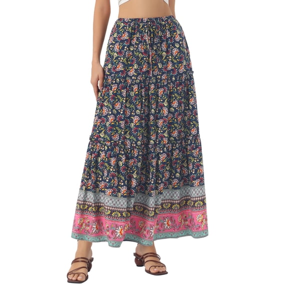 DARING DIVA Women's Floral Ruffle A Line Tiered Maxi Skirts X-Small Dark Blue