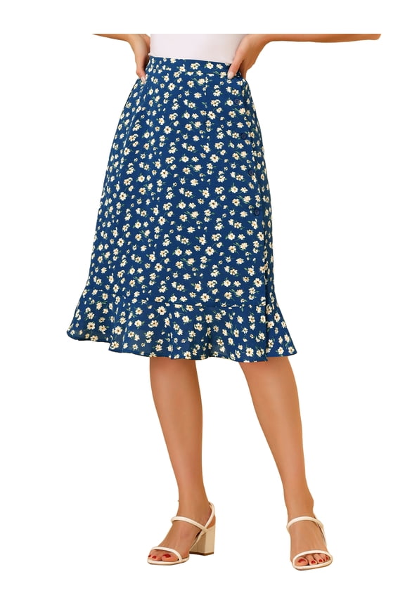 Women's Floral Ruffle Hem Elastic Back Split Skirt L Blue
