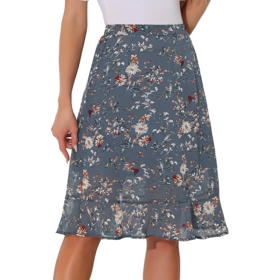 DARING DIVA Women's Floral Ruffle Hem Elastic Back Split Skirt L Grey Blue