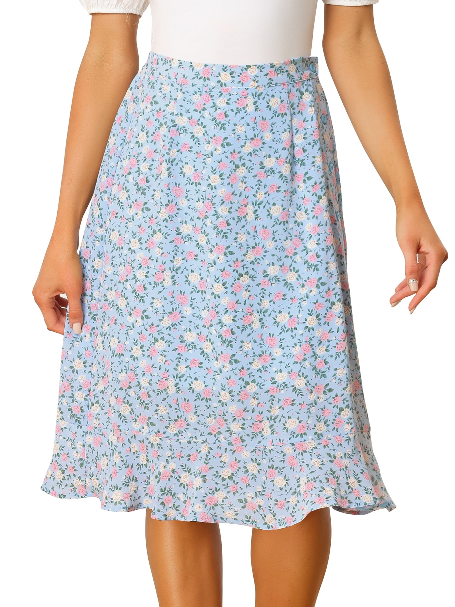 DARING DIVA Women's Floral Ruffle Hem Elastic Back Split Skirt L Light Blue
