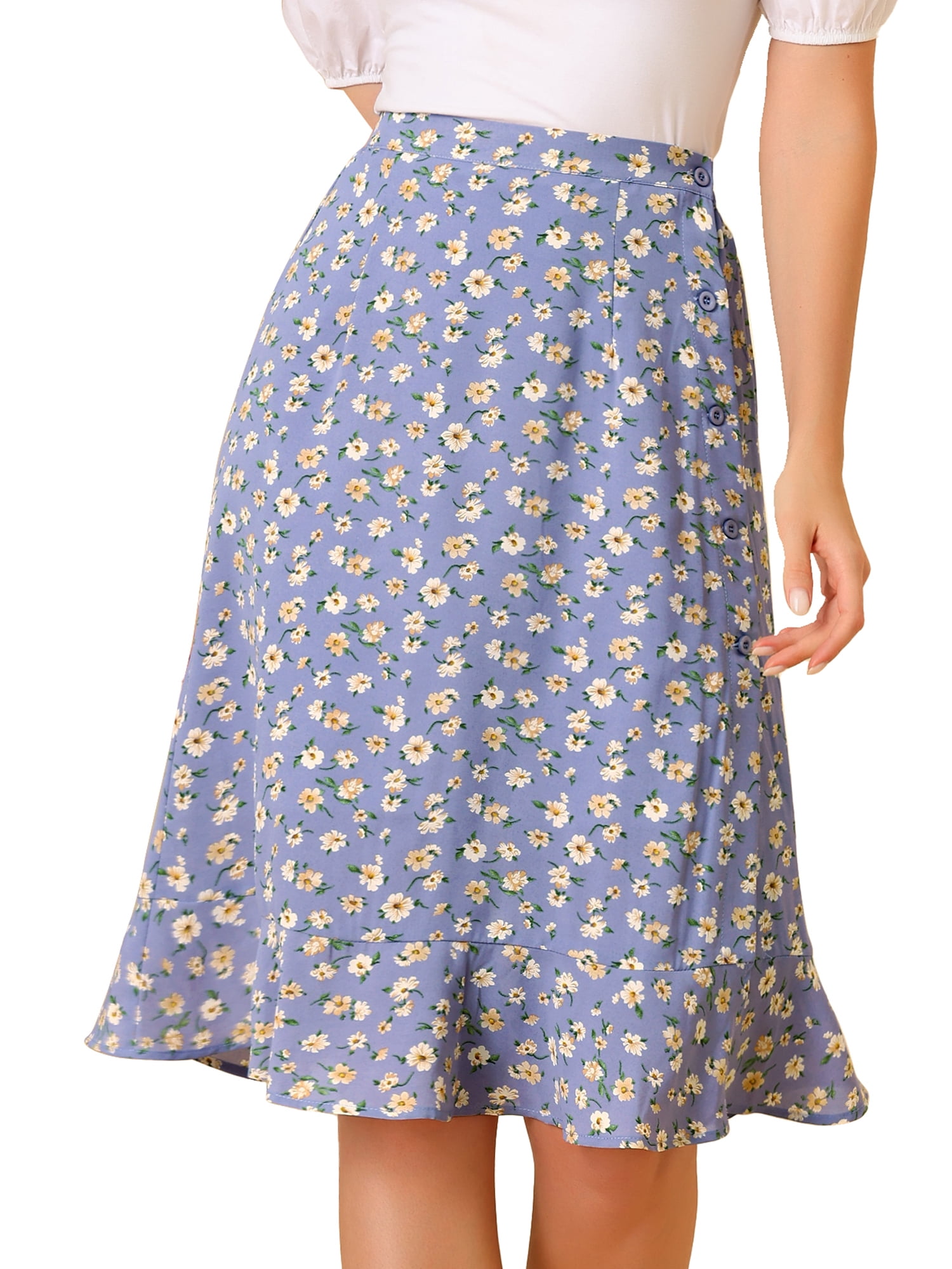 DARING DIVA Women's Floral Ruffle Hem Elastic Back Split Skirt L Light Purple