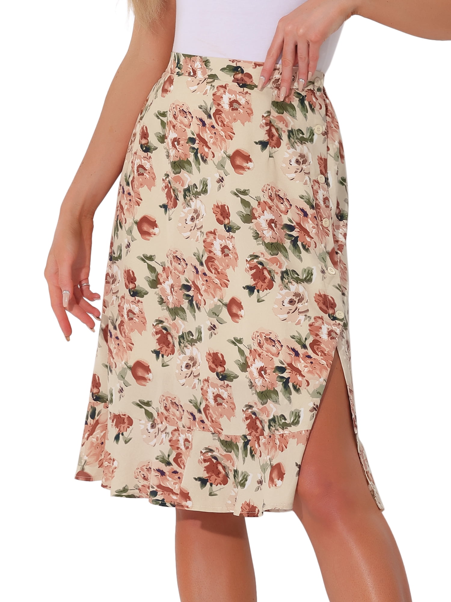 DARING DIVA Women's Floral Ruffle Hem Elastic Back Split Skirt M Beige