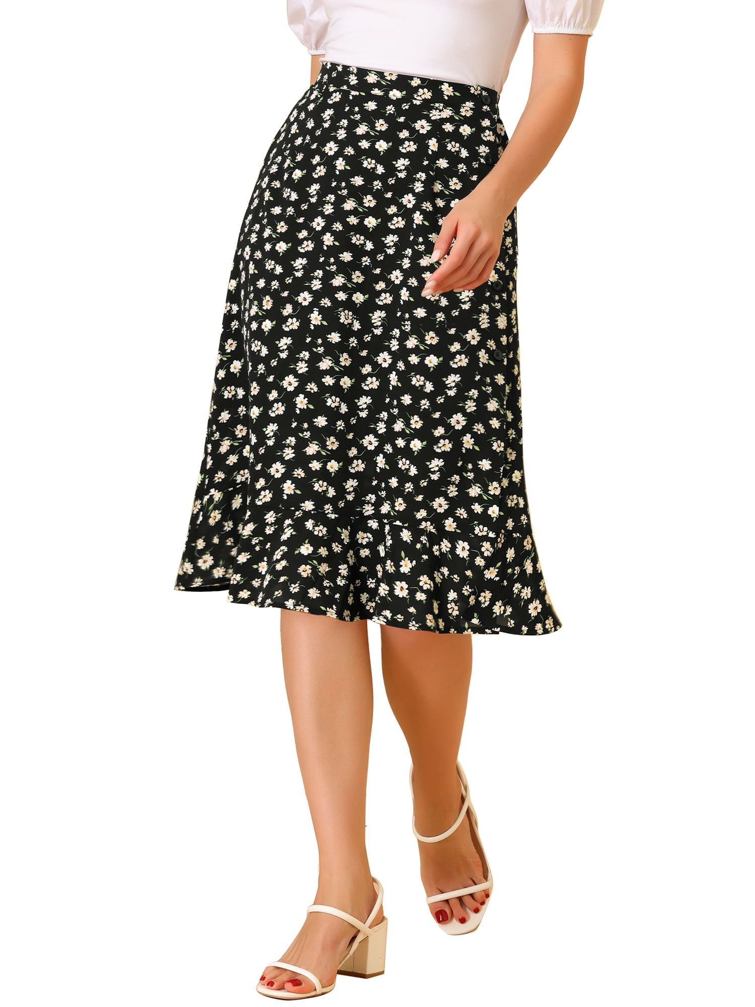 DARING DIVA Women's Floral Ruffle Hem Elastic Back Split Skirt M Black