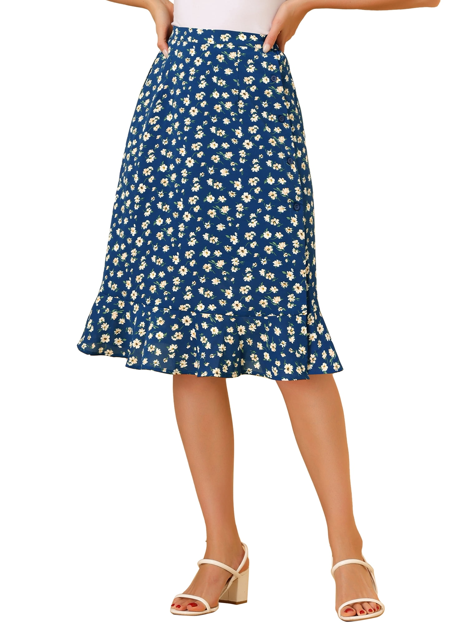 DARING DIVA Women's Floral Ruffle Hem Elastic Back Split Skirt S Blue