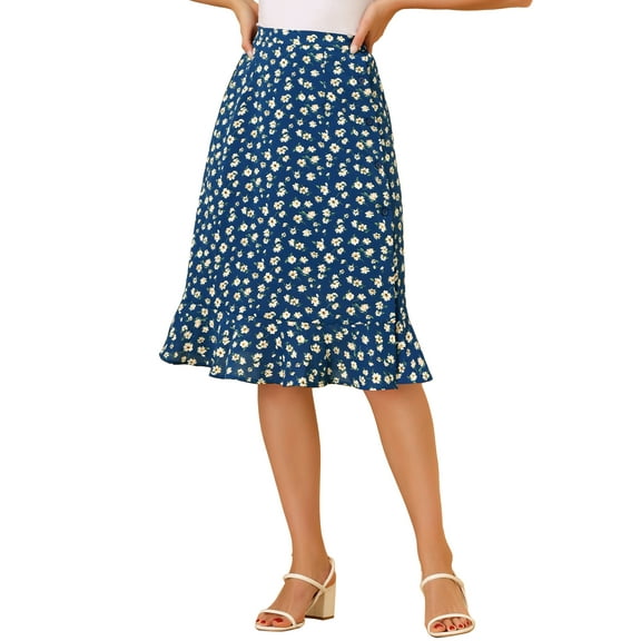 DARING DIVA Women's Floral Ruffle Hem Elastic Back Split Skirt S Blue