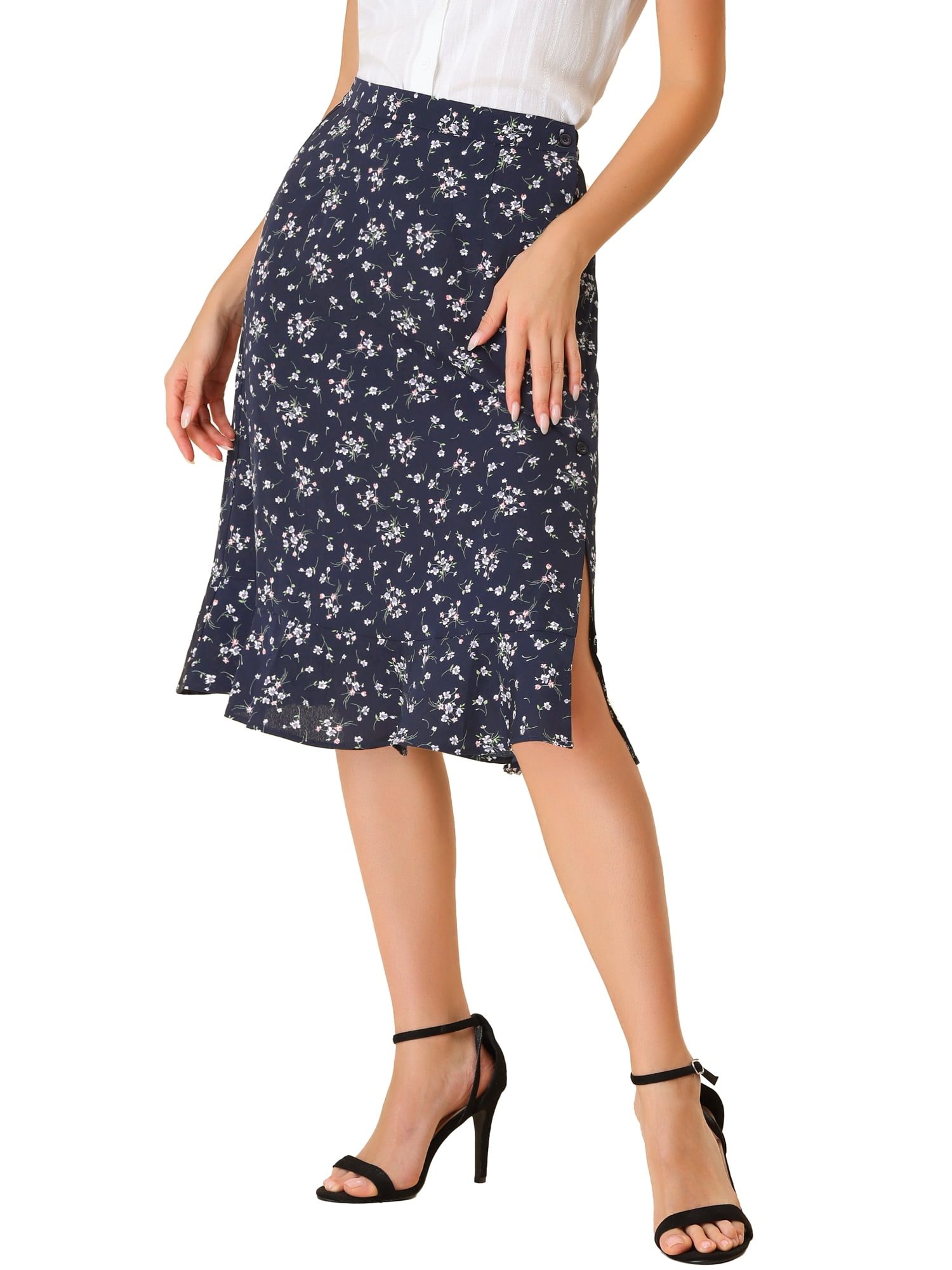 DARING DIVA Women's Floral Ruffle Hem Elastic Back Split Skirt S Dark Blue