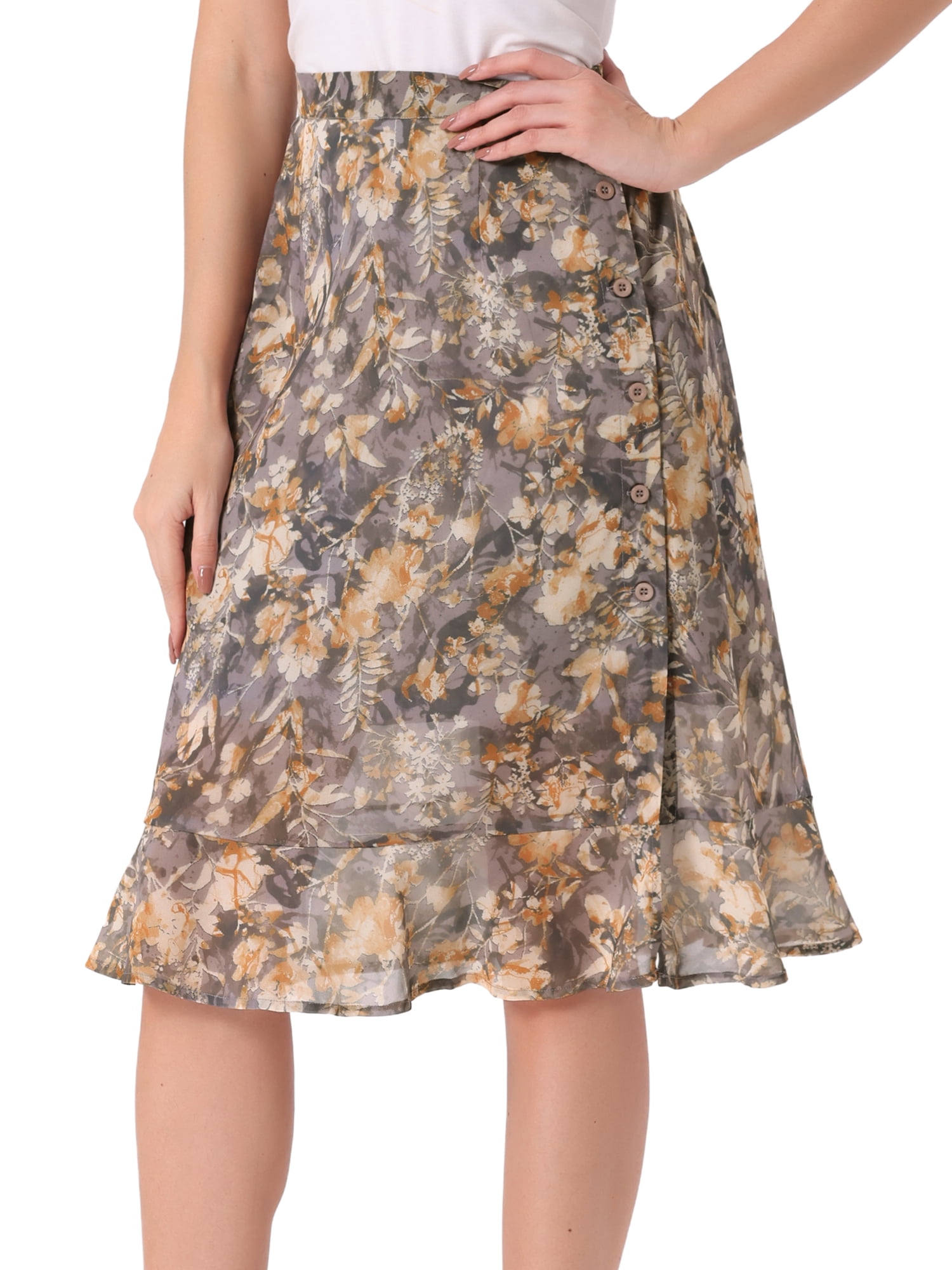 DARING DIVA Women's Floral Ruffle Hem Elastic Back Split Skirt S Grey