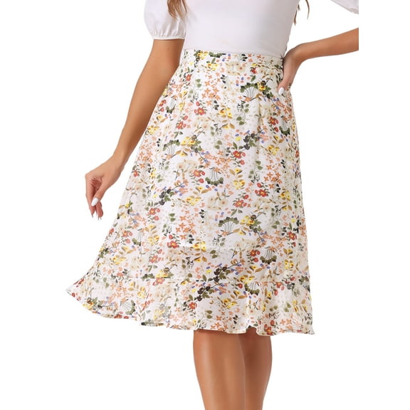 DARING DIVA Women's Floral Ruffle Hem Elastic Back Split Skirt S White