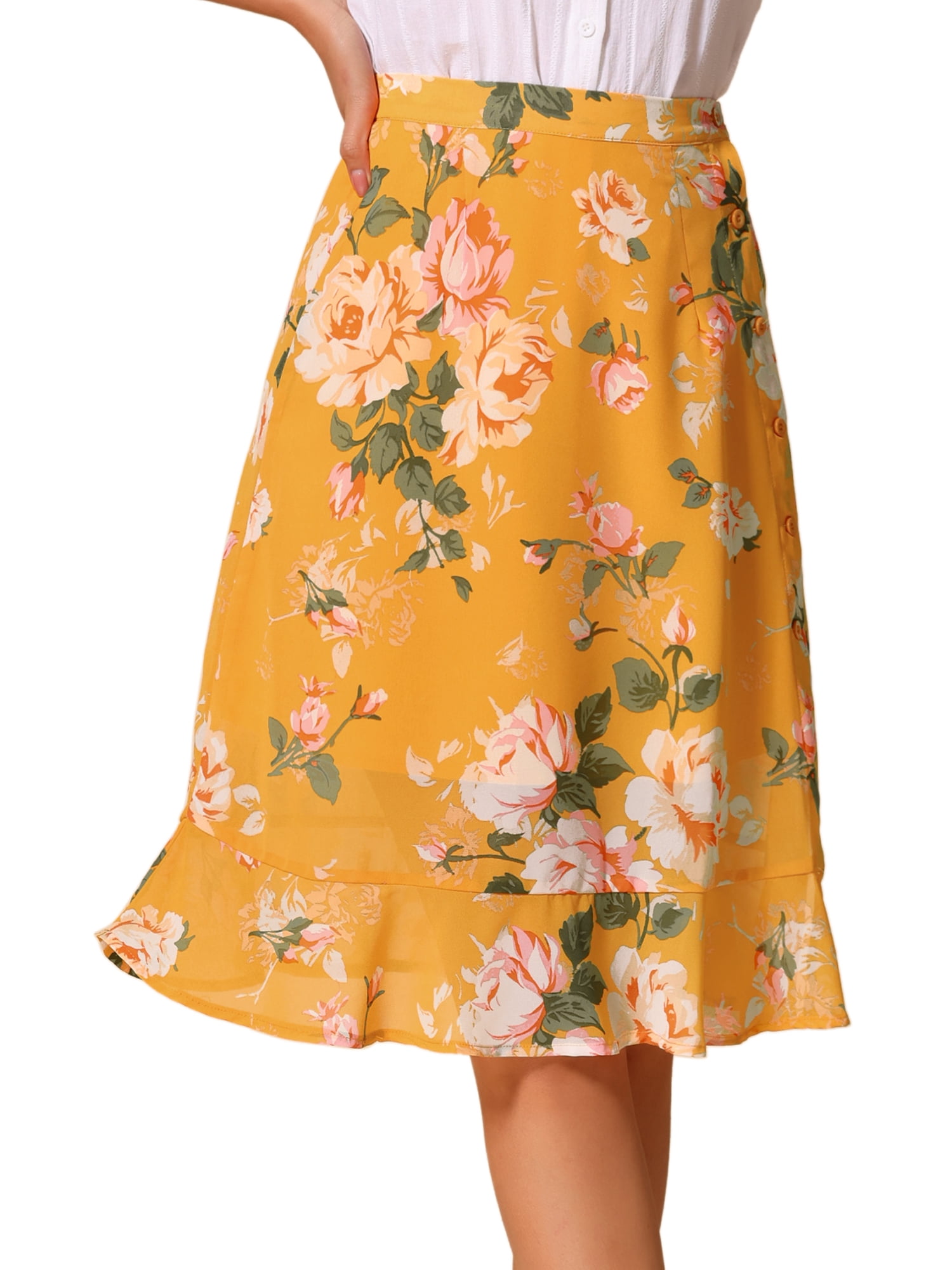 DARING DIVA Women's Floral Ruffle Hem Elastic Back Split Skirt S Yellow