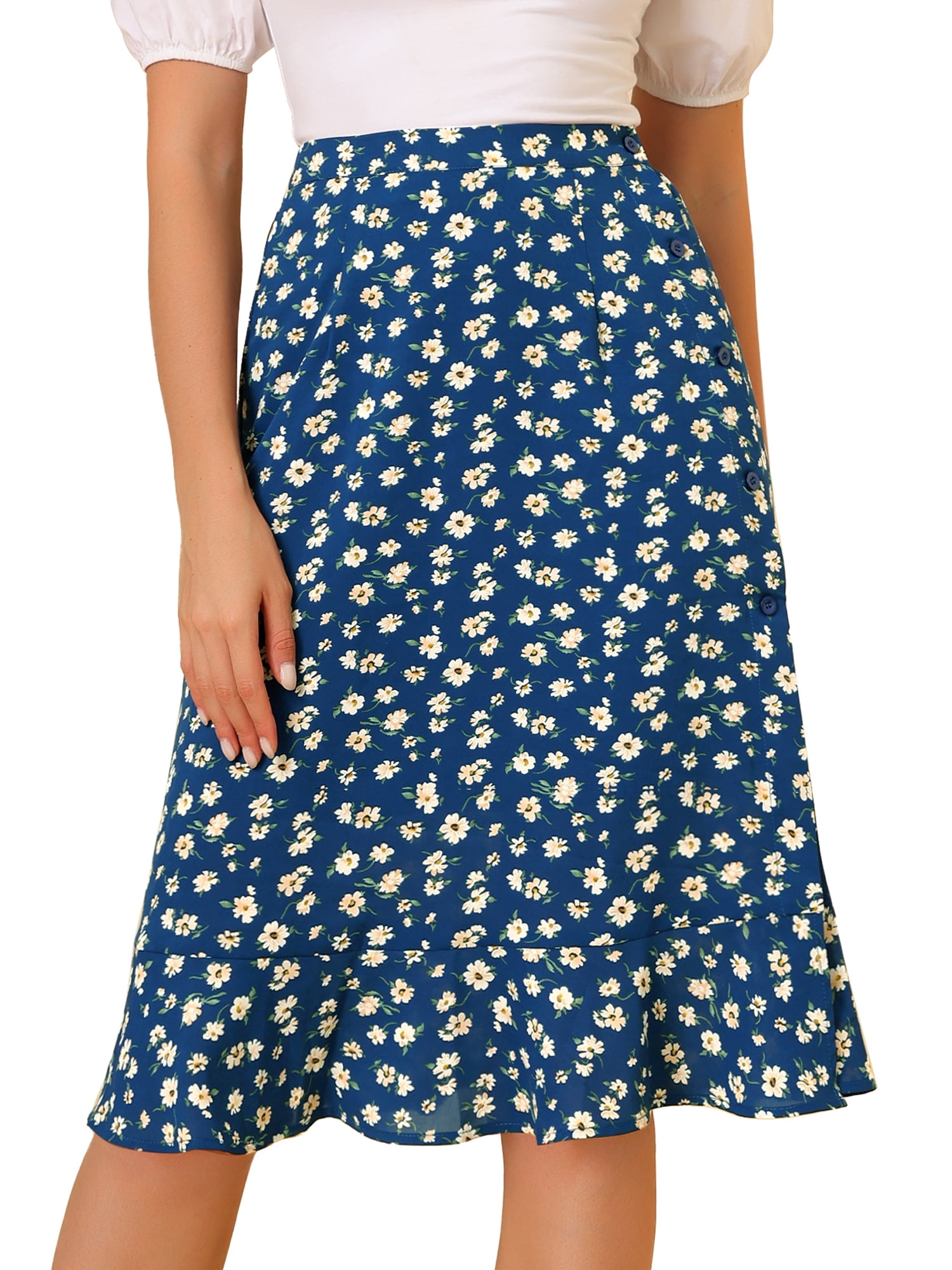 DARING DIVA Women's Floral Ruffle Hem Elastic Back Split Skirt XL Blue