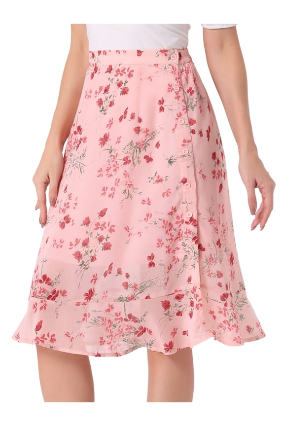 Women's Floral Ruffle Hem Elastic Back Split Skirt XL Light Pink