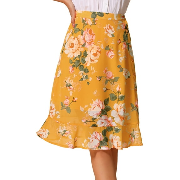 DARING DIVA Women's Floral Ruffle Hem Elastic Back Split Skirt XL Yellow