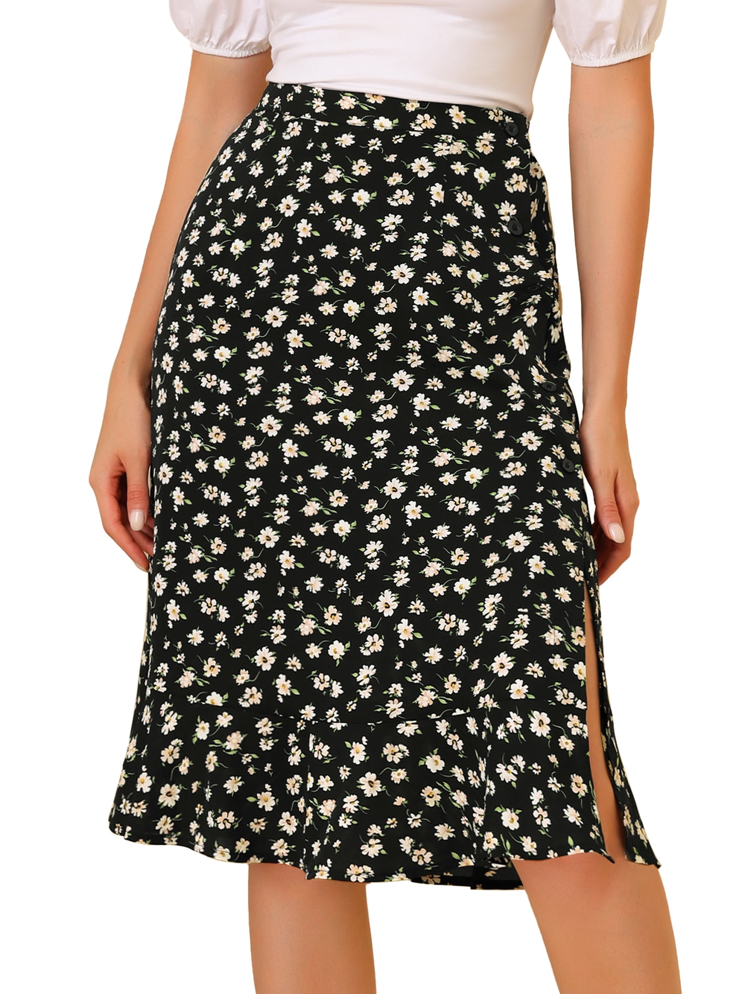 DARING DIVA Women's Floral Ruffle Hem Elastic Back Split Skirt XS Black