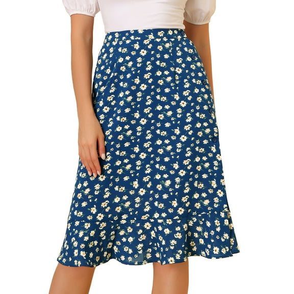 DARING DIVA Women's Floral Ruffle Hem Elastic Back Split Skirt XS Blue