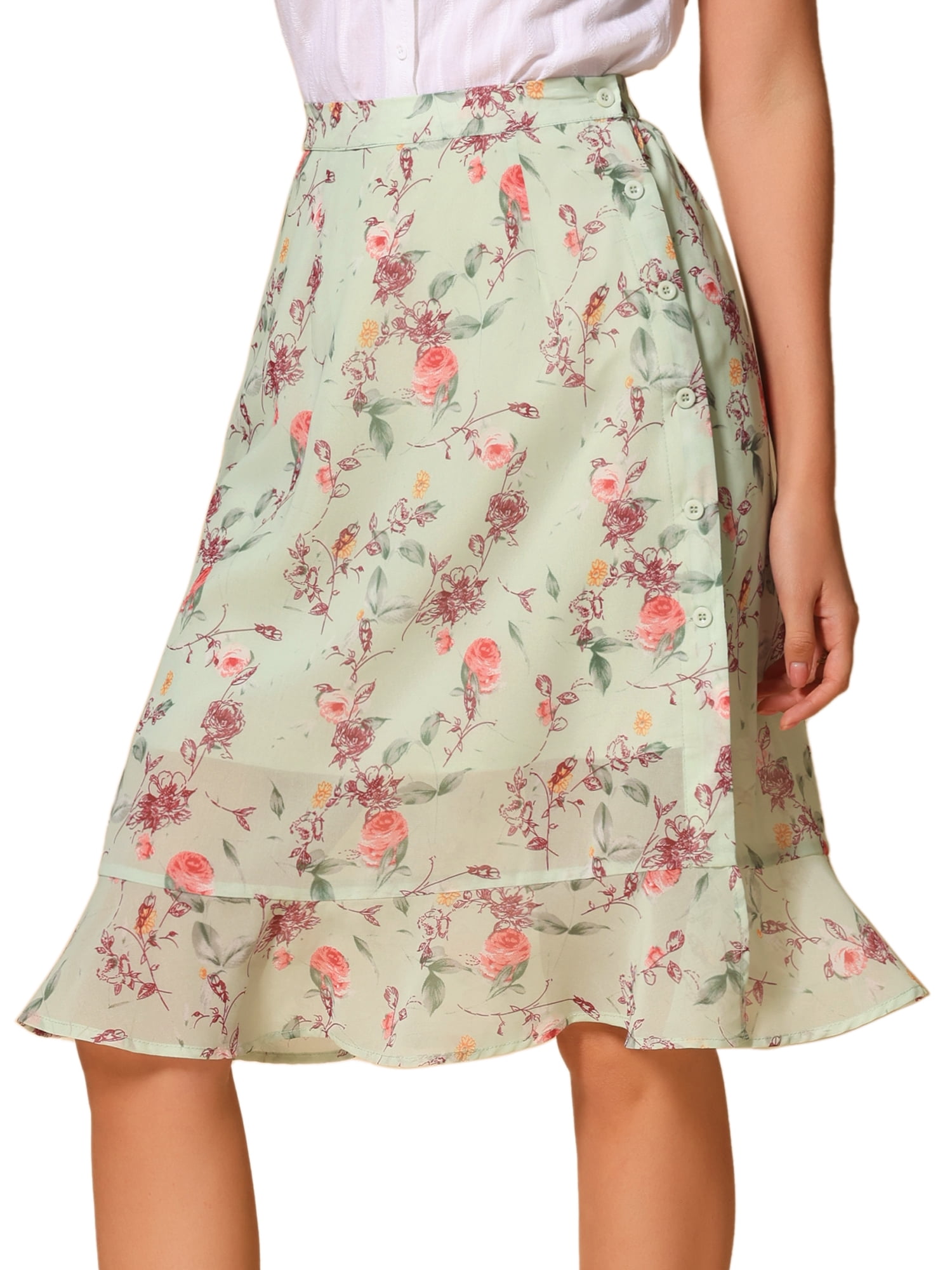 DARING DIVA Women's Floral Ruffle Hem Elastic Back Split Skirt XS Light Green