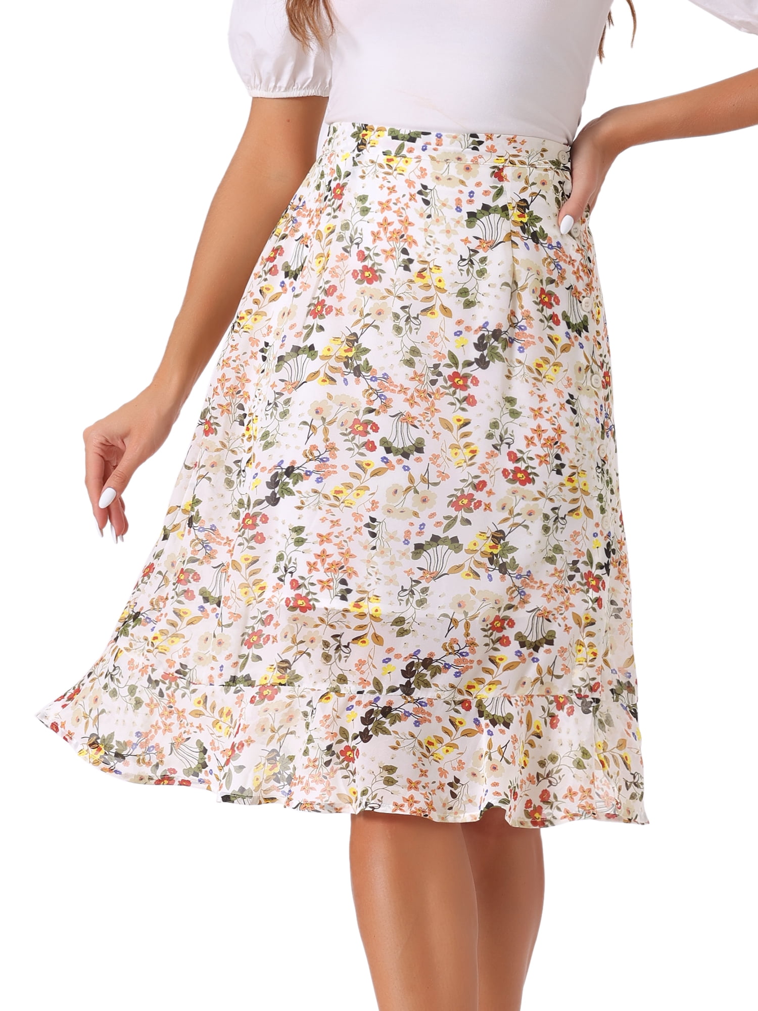 DARING DIVA Women's Floral Ruffle Hem Elastic Back Split Skirt XS White