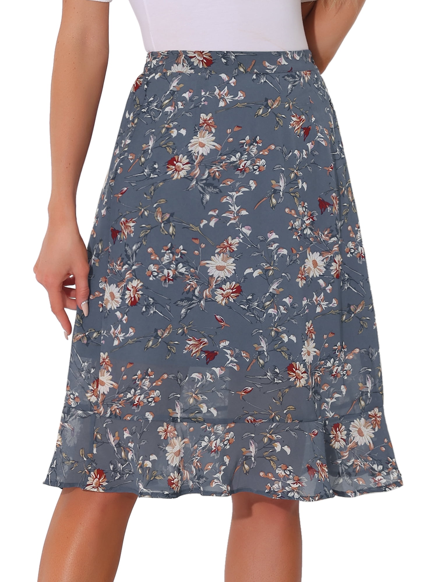 DARING DIVA Women's Floral Ruffle High Waist Flowy A-Line Skirt 3XL Grey Blue