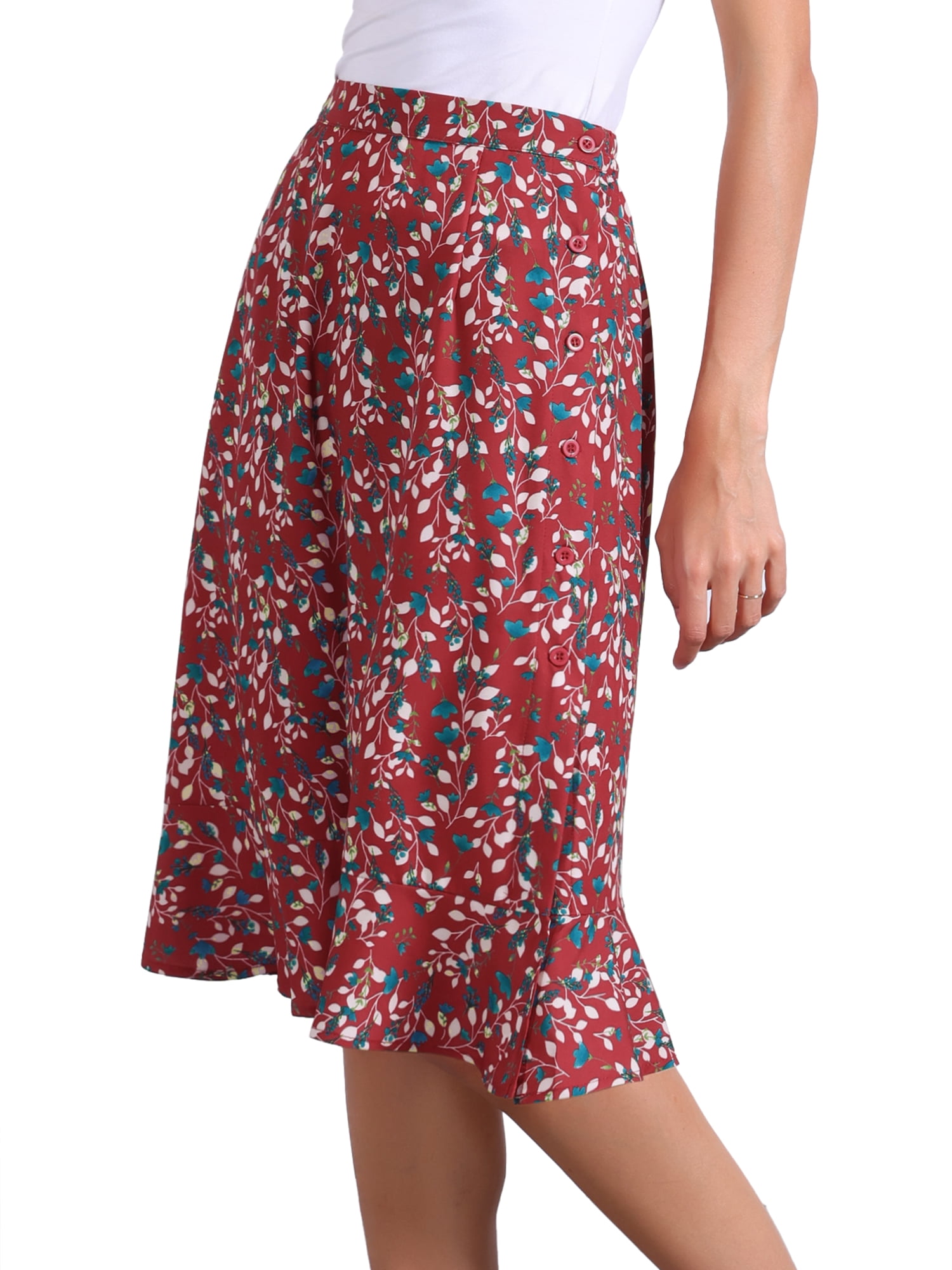 DARING DIVA Women's Floral Ruffle High Waist Flowy A-Line Skirt M Dark Red
