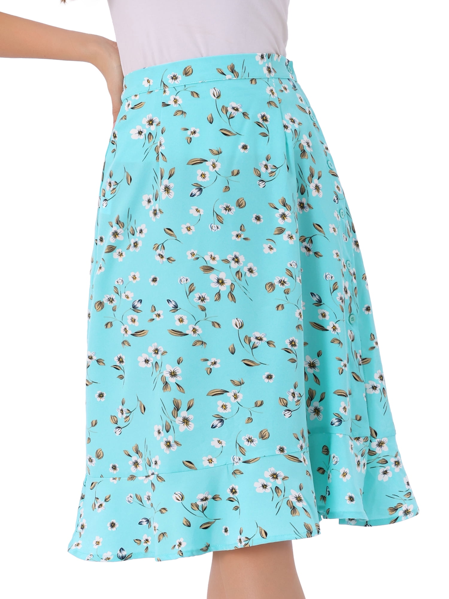 DARING DIVA Women's Floral Ruffle High Waist Flowy A-Line Skirt XS Lake Blue