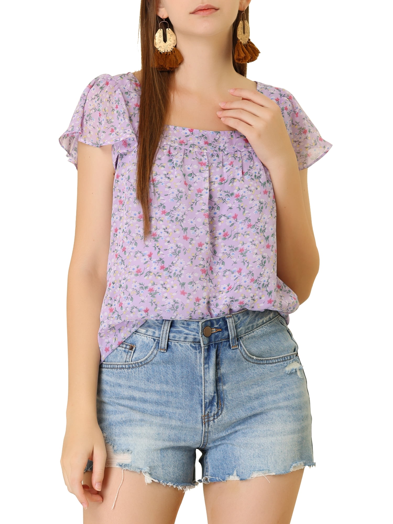 DARING DIVA Women's Floral Ruffle Sleeve Chiffon Blouse Top L Purple