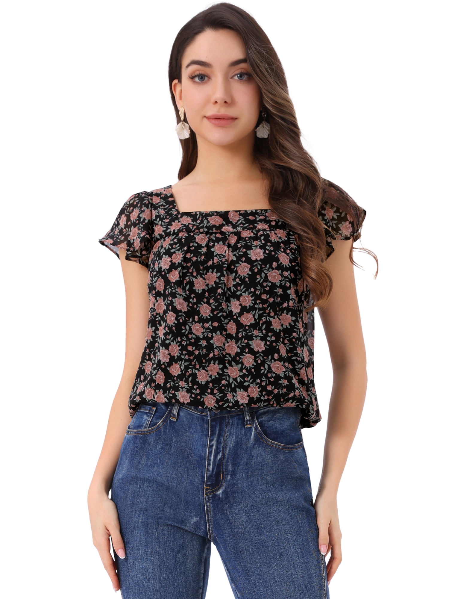 DARING DIVA Women's Floral Ruffle Sleeve Chiffon Blouse Top M Rose Pink Black