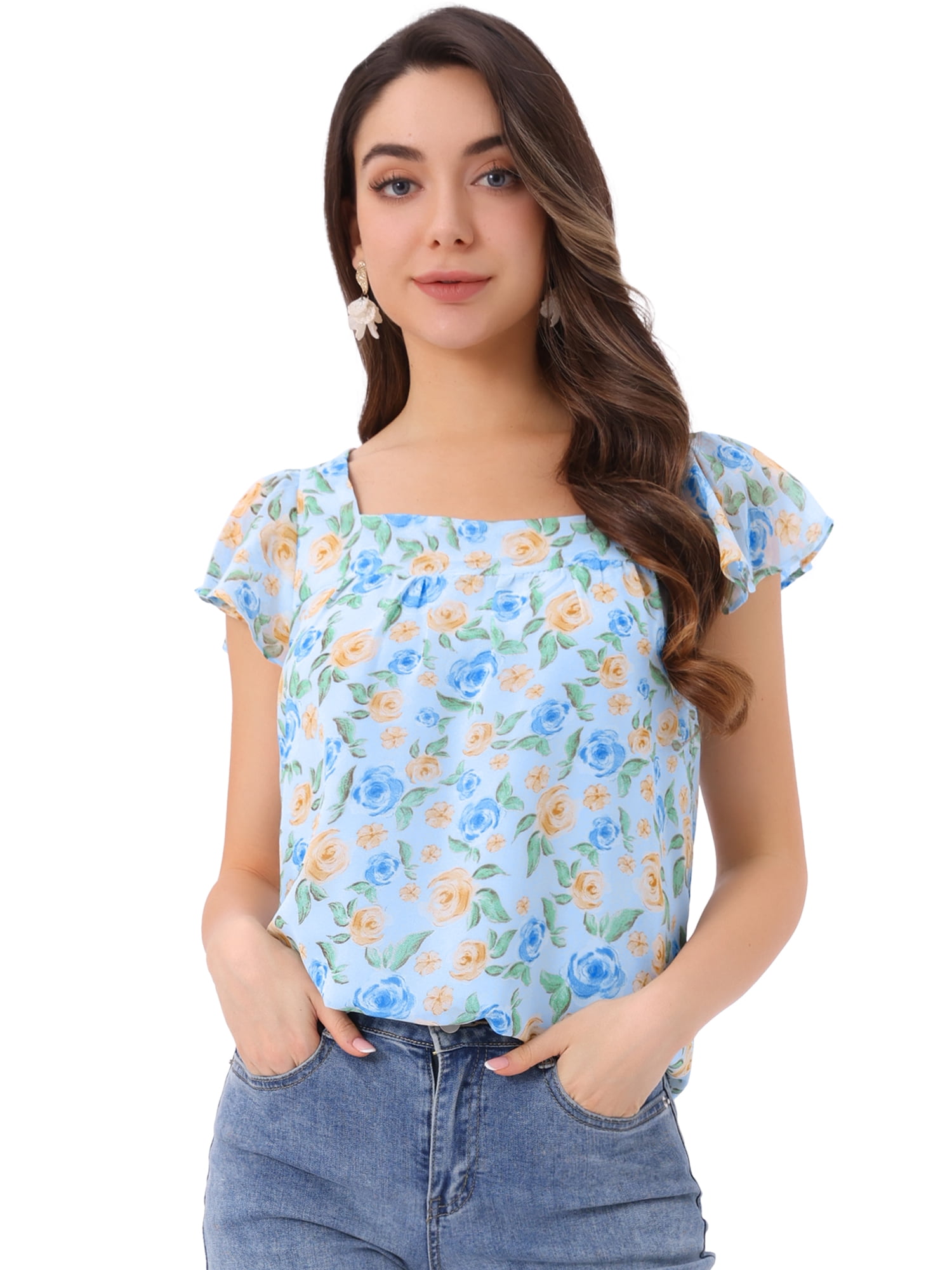 Sky Blue Floral Ruffle Top (Small - 3X)