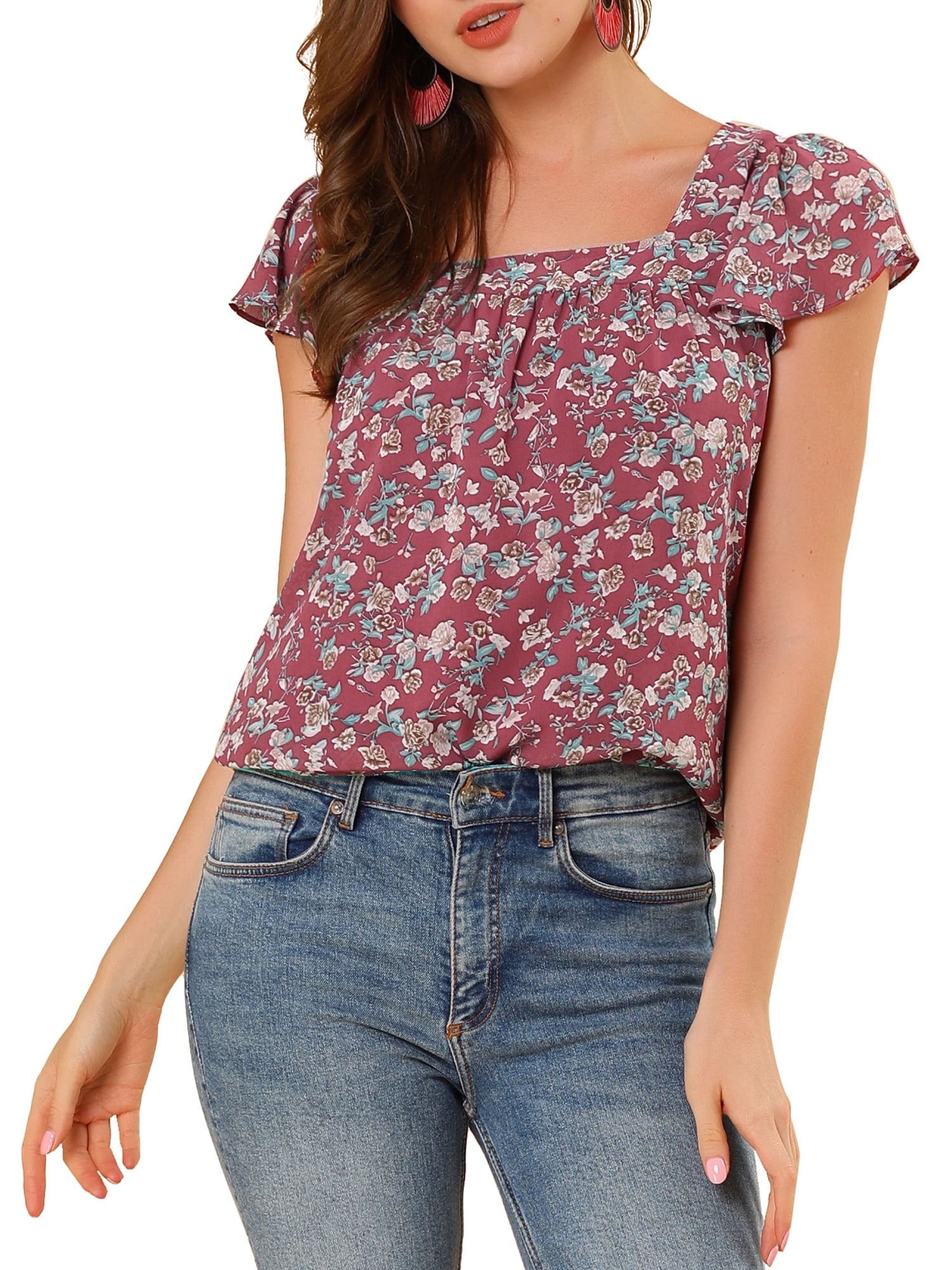 DARING DIVA Women's Floral Ruffle Sleeve Chiffon Blouse Top M Wine Red