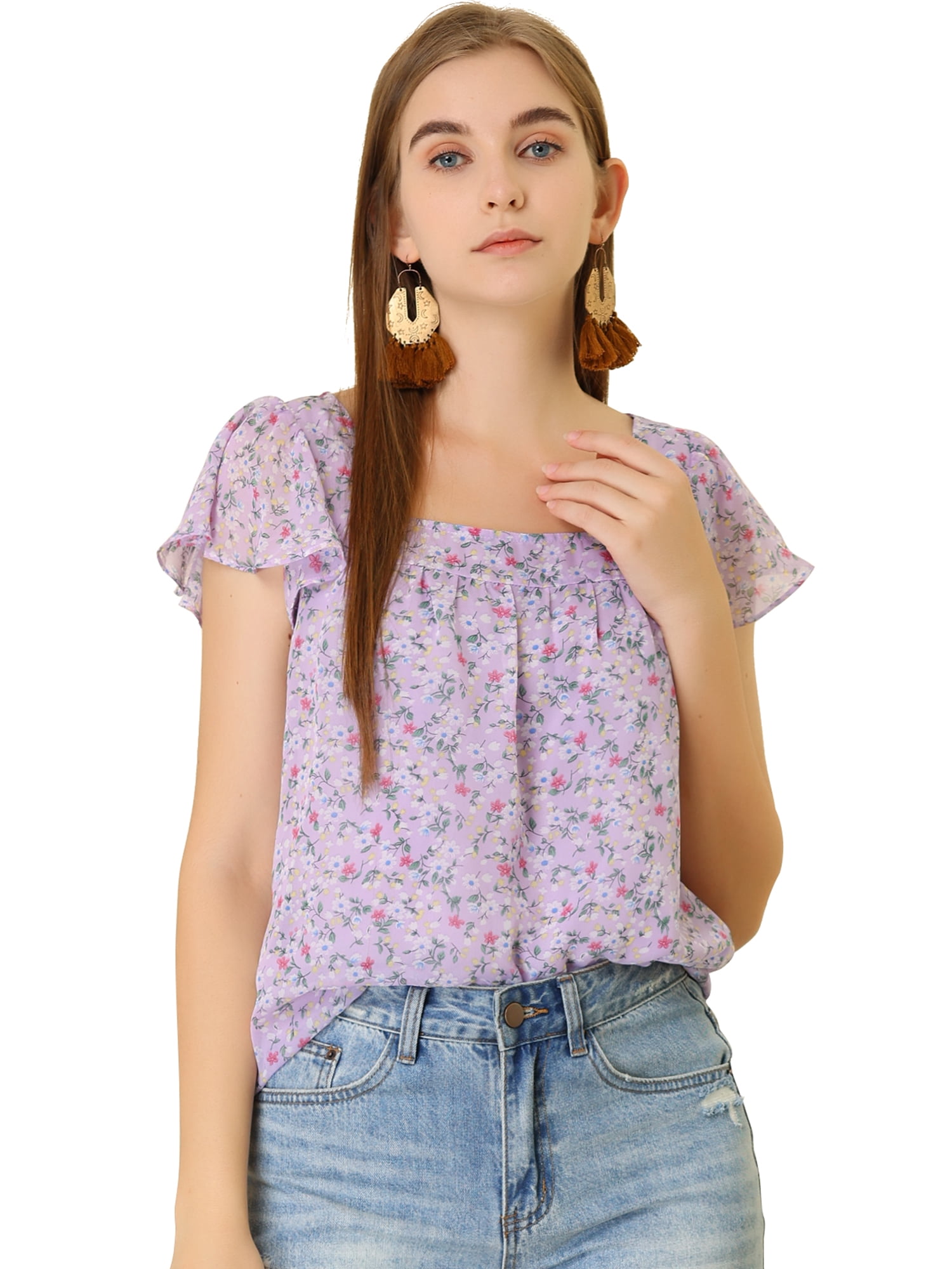 DARING DIVA Women's Floral Ruffle Sleeve Chiffon Blouse Top S Purple