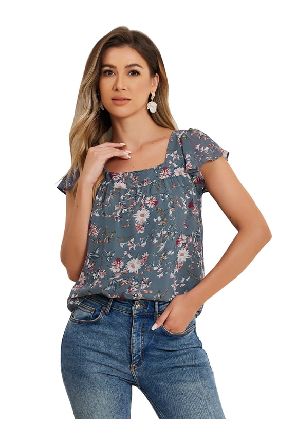 Women's Floral Ruffle Sleeve Chiffon Blouse Top XL Grey Blue