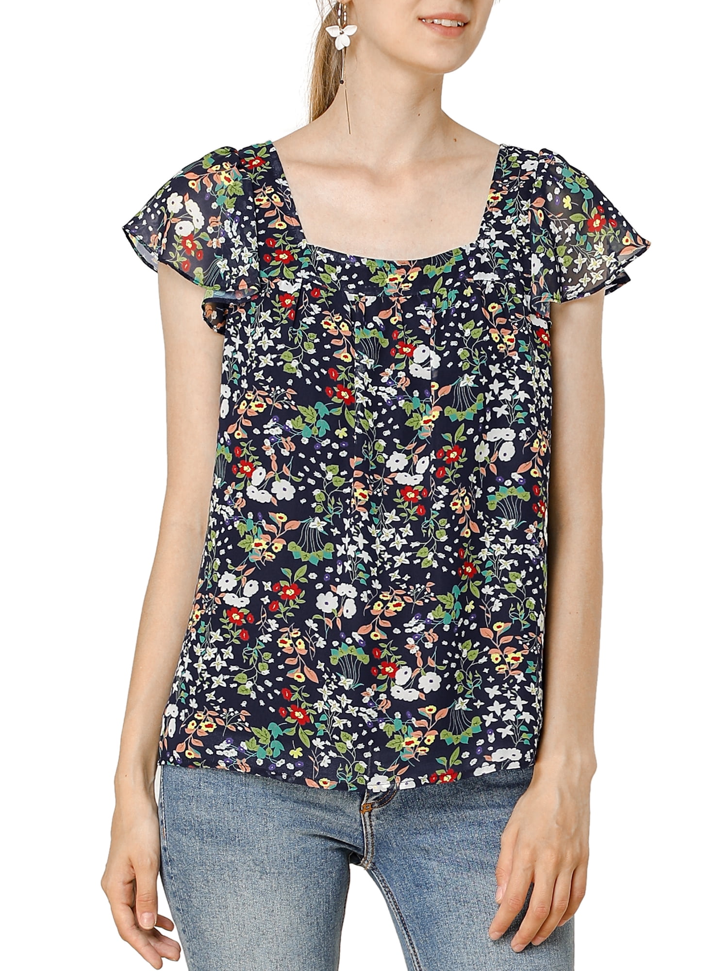 DARING DIVA Women's Floral Ruffle Sleeve Chiffon Blouse Top XS Navy Blue