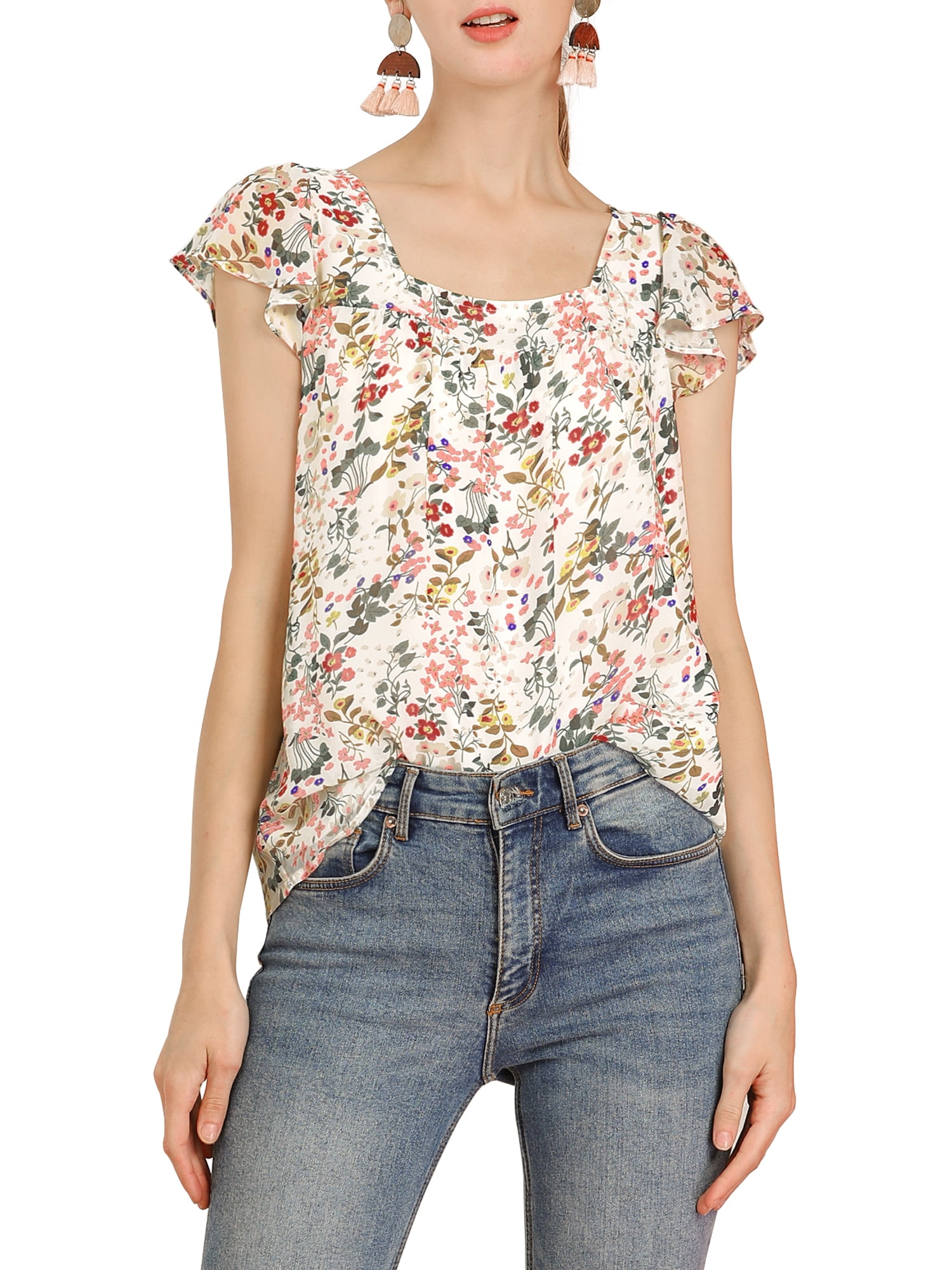 DARING DIVA Women's Floral Ruffle Sleeve Chiffon Blouse Top XS White