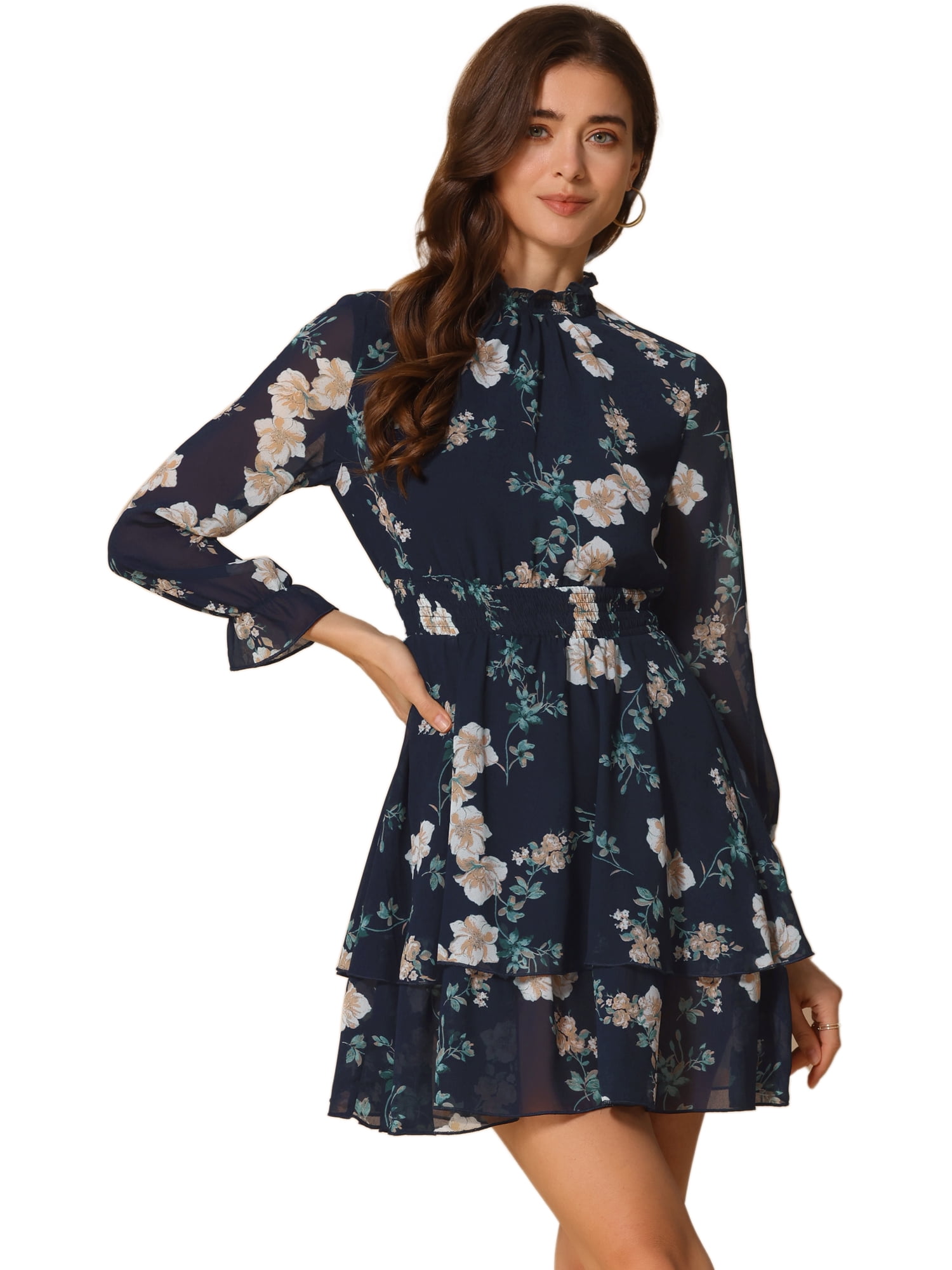 DARING DIVA Women's Floral Ruffle Trim Layered Dresses L Deep Blue