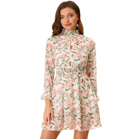 DARING DIVA Women's Floral Ruffle Trim Layered Dresses L White