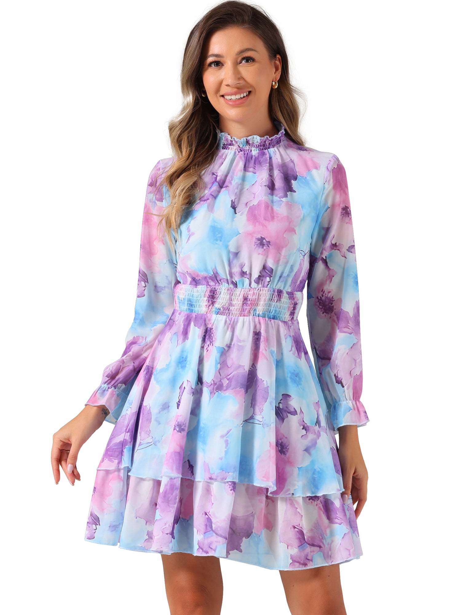 DARING DIVA Women's Floral Ruffle Trim Layered Dresses S Blues