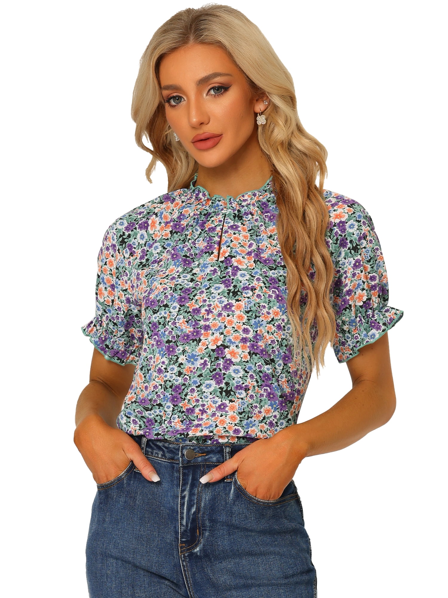 DARING DIVA Women's Floral Ruffled Neck Short Sleeves Top Blouse L Black Purple
