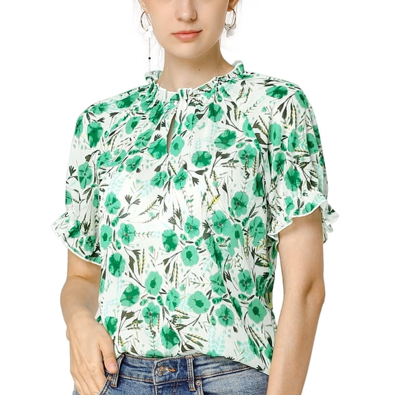 DARING DIVA Women's Floral Ruffled Neck Short Sleeves Top Blouse L Green