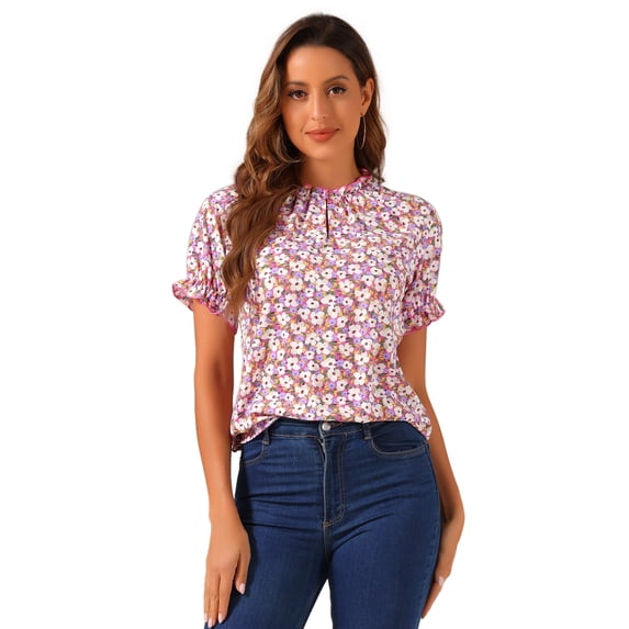 DARING DIVA Women's Floral Ruffled Neck Short Sleeves Top Blouse L Hot Pink