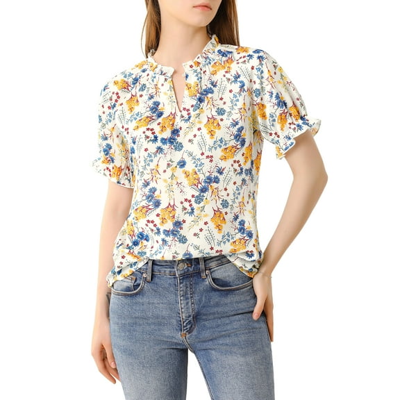 DARING DIVA Women's Floral Ruffled Neck Short Sleeves Top Blouse L White Blue