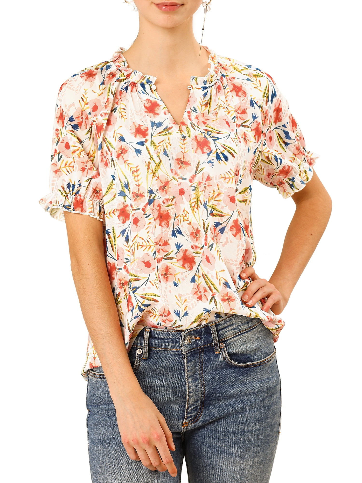 DARING DIVA Women's Floral Ruffled Neck Short Sleeves Top Blouse L White
