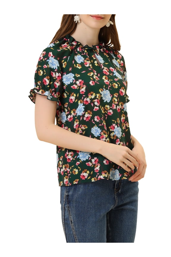 Women's Floral Ruffled Neck Short Sleeves Top Blouse M Dark Green