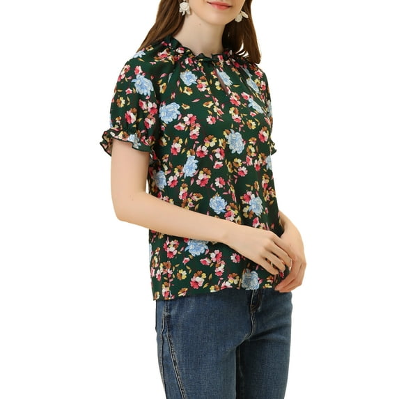 DARING DIVA Women's Floral Ruffled Neck Short Sleeves Top Blouse M Dark Green
