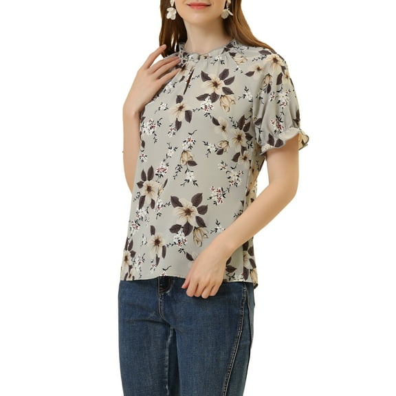 DARING DIVA Women's Floral Ruffled Neck Short Sleeves Top Blouse M Grey