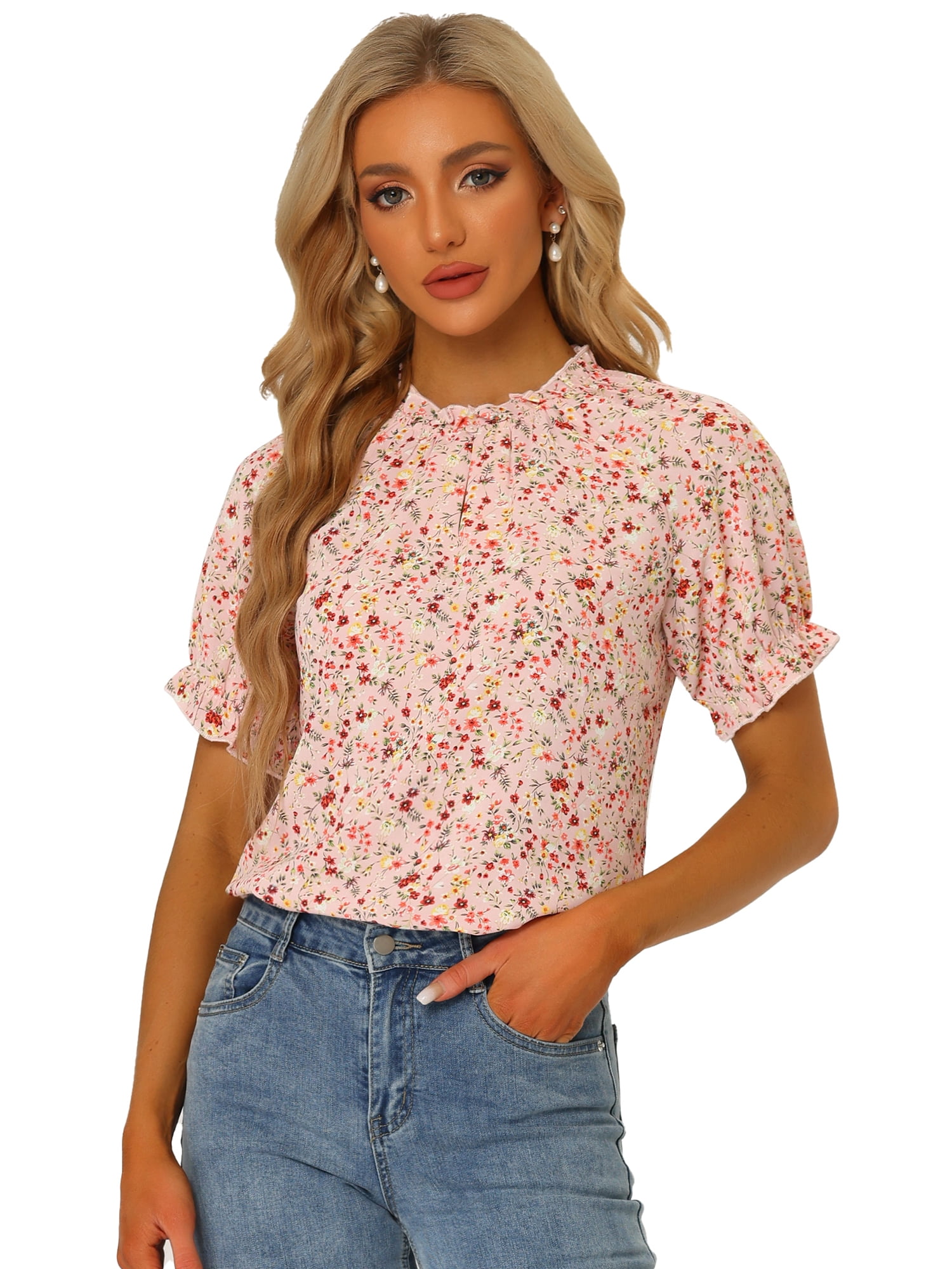 DARING DIVA Women's Floral Ruffled Neck Short Sleeves Top Blouse M Light Pink