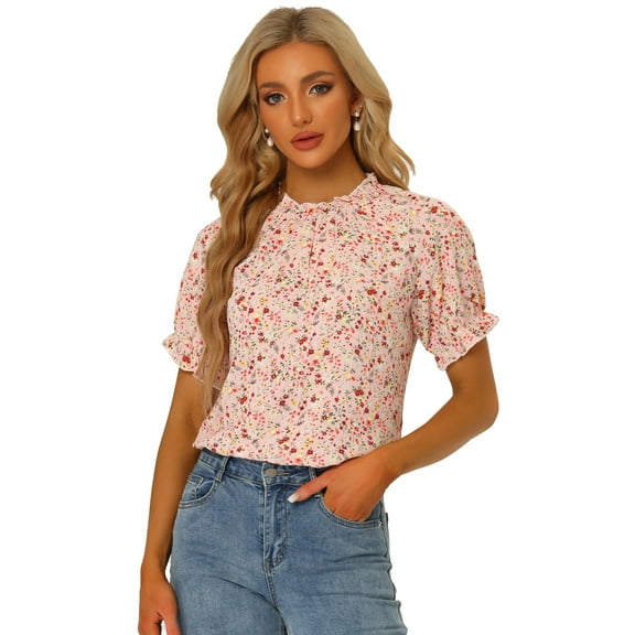 DARING DIVA Women's Floral Ruffled Neck Short Sleeves Top Blouse M Light Pink