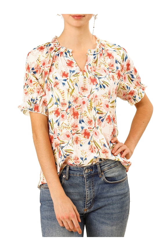 Women's Floral Ruffled Neck Short Sleeves Top Blouse M White