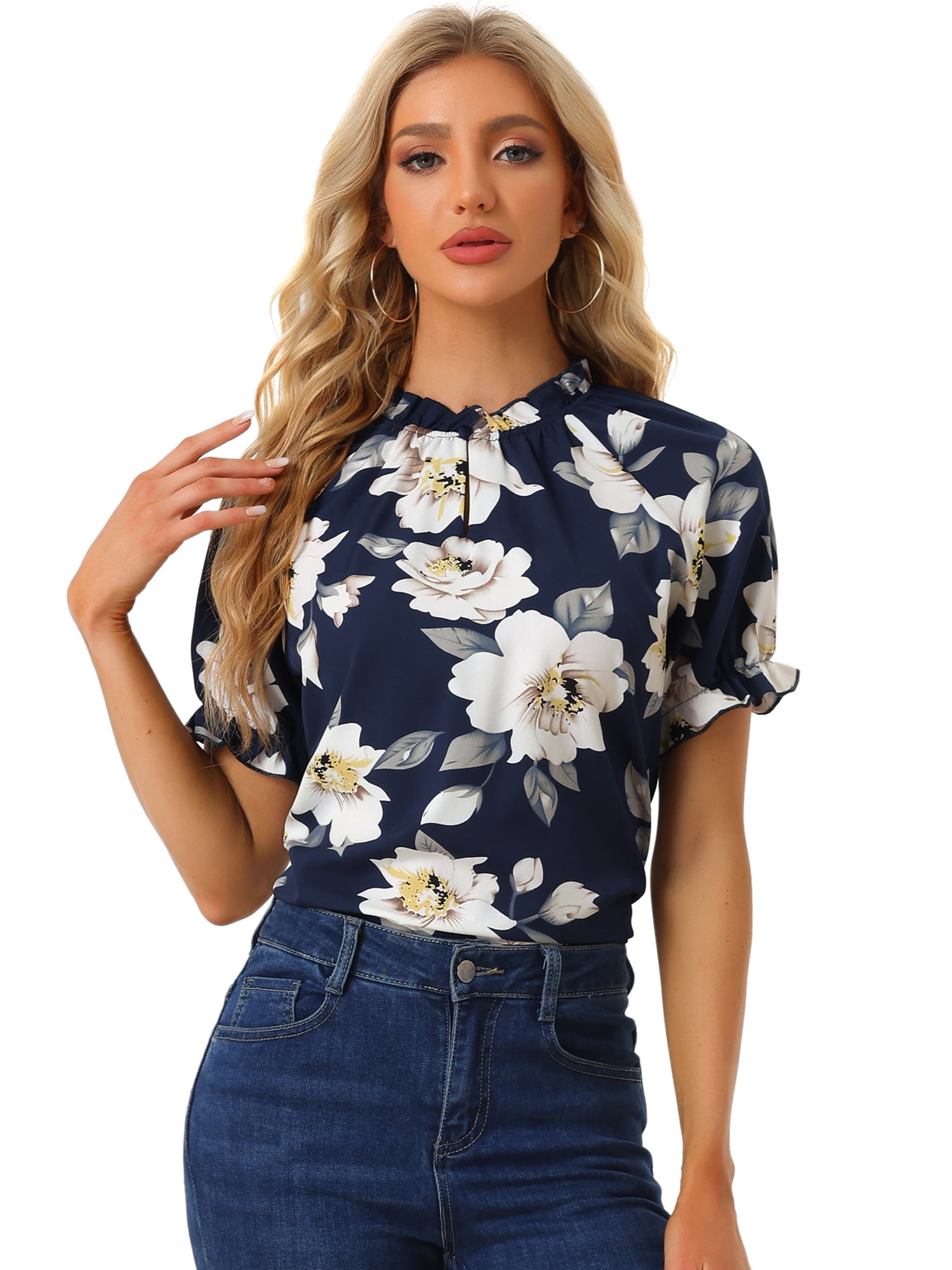 DARING DIVA Women's Floral Ruffled Neck Short Sleeves Top Blouse S Dark Blue